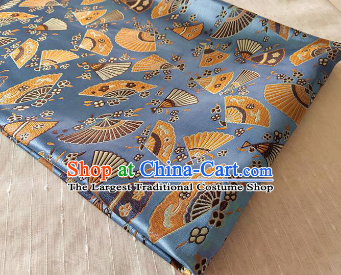 Asian Japan Traditional Folding Fan Pattern Design Blue Brocade Damask Fabric Kimono Satin Material