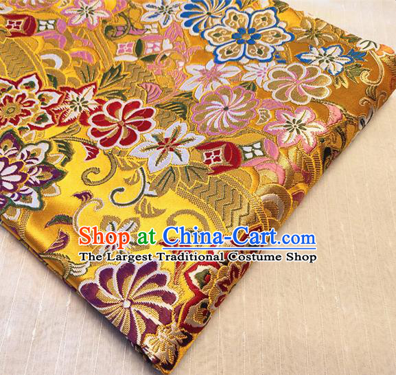 Asian Japan Traditional Sakura Daisy Pattern Design Golden Brocade Damask Fabric Kimono Satin Material