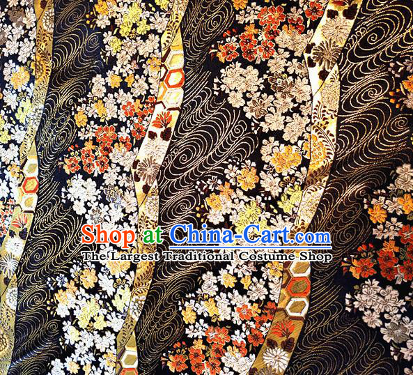 Asian Japan Traditional Cherry Blossom Pattern Design Black Brocade Damask Fabric Kimono Satin Material