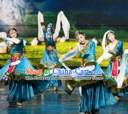 Chinese The Romantic Show of Lijiang Tibetan Dance Blue Dress Stage Performance Costume and Headpiece for Women