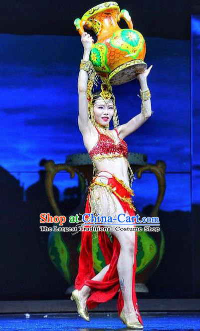 Chinese The Romantic Show of Lijiang Dance Red Dress Stage Performance Costume and Headpiece for Women