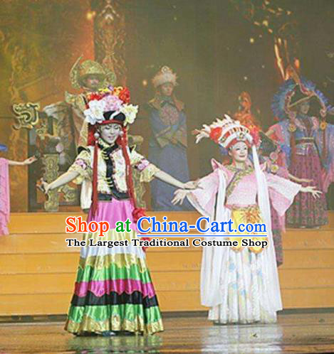 Chinese The Romantic Show of Lijiang Yi Ethnic Nationality Dance Dress Stage Performance Costume and Headpiece for Women