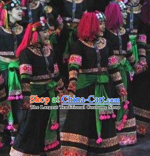 Chinese Dynamic Yunnan Yi Nationality Dance Black Dress Stage Performance Ethnic Costume for Women