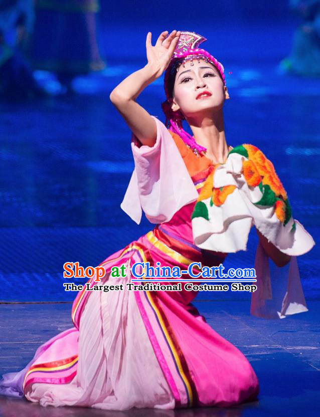 Chinese The Romantic Show of Jiuzhai Folk Dance Dress Stage Performance Costume and Headpiece for Women