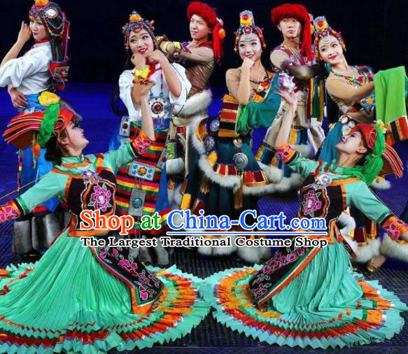 Chinese The Romantic Show of Jiuzhai Yi Nationality Dance Green Dress Stage Performance Costume and Headpiece for Women