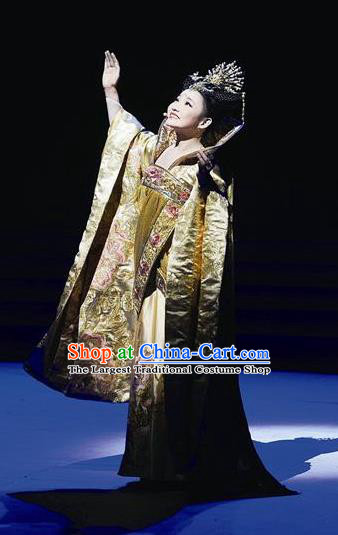 Chinese Princess Wencheng Ancient Drama Dance Golden Dress Stage Performance Costume and Headpiece for Women