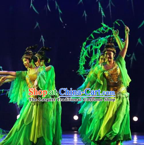 Chinese Back to Song Dynasty Classical Dance Green Dress Stage Performance Costume and Headpiece for Women