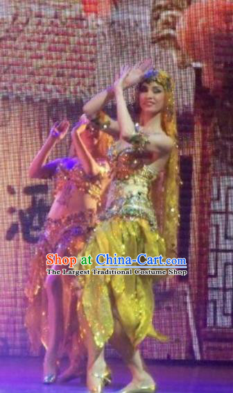 Chinese Back to Song Dynasty Indian Dance Yellow Dress Stage Performance Costume for Women