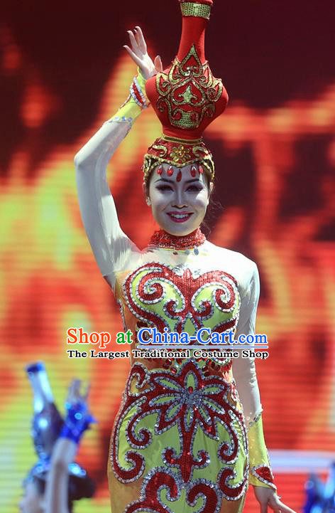 Chinese Magic Ganpo Impression Classical Dance Red Dress Stage Performance Costume and Headpiece for Women