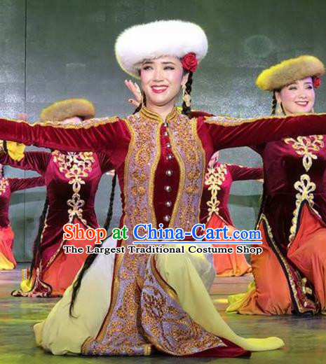 Chinese Silk Road Uyghur Nationality Dance Red Dress Ethnic Stage Performance Costume for Women