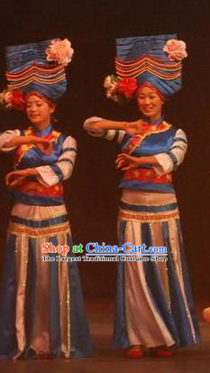 Chinese Lishui Jinsha Yi Nationality Dance Blue Dress Ethnic Stage Performance Costume and Headpiece for Women