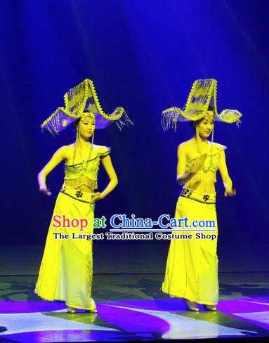 Chinese Lishui Jinsha Dai Nationality Dance Yellow Dress Ethnic Stage Performance Costume and Headpiece for Women