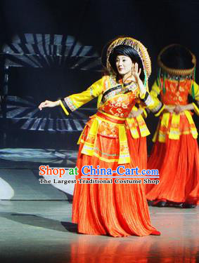 Chinese Lishui Jinsha Bai Nationality Dance Red Dress Ethnic Wedding Stage Performance Costume and Headpiece for Women