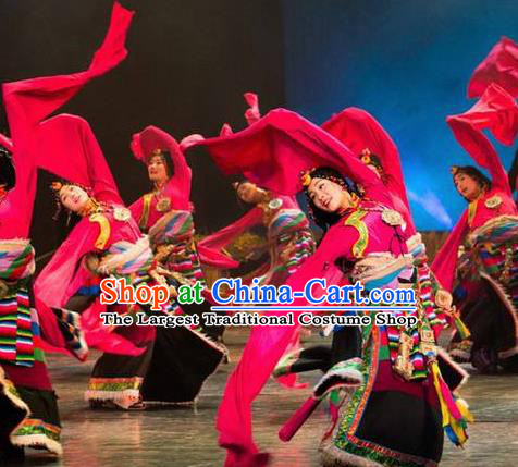 Chinese Lishui Jinsha Zang Nationality Dance Rosy Dress Ethnic Stage Performance Costume and Headpiece for Women