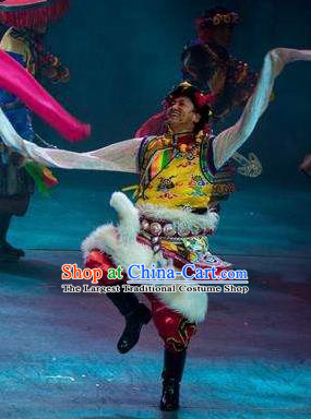 Chinese Encounter Shangri La Impression Tibetan Ethnic Dance Yellow Robe Stage Performance Costume for Men