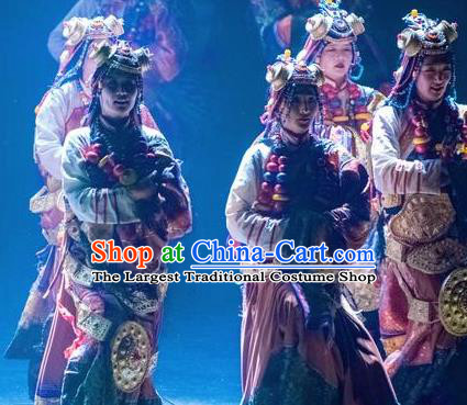 Chinese Encounter Shangri La Impression Tibetan Ethnic Dance Robe Stage Performance Costume and Headpiece for Women