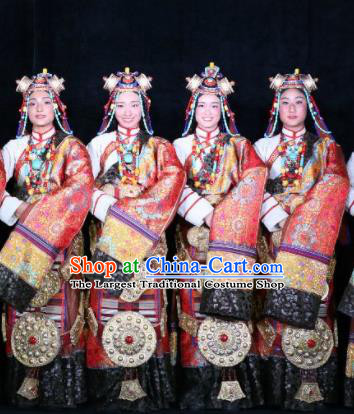 Chinese Encounter Shangri La Impression Tibetan Ethnic Dance Red Robe Stage Performance Costume and Headpiece for Women