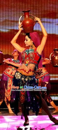 Chinese Turpan Festival Uyghur Nationality Dance Dress Stage Performance Ethnic Costume and Headpiece for Women