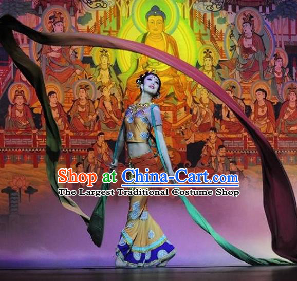 Chinese Encore Dunhuang Classical Dance Dress Stage Performance Costume and Headpiece for Women