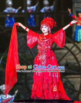 Chinese Phoenix Timeless Love Miao Nationality Dance Wedding Red Dress Stage Performance Costume and Headpiece for Women