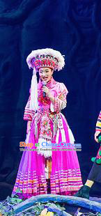 Chinese Charm Xiangxi Tujia Nationality Dance Rosy Dress Stage Performance Costume and Headpiece for Women