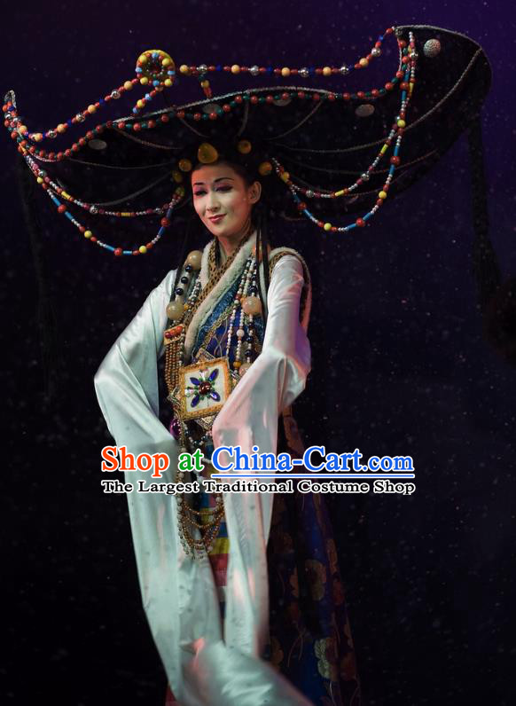 Chinese Oriental Apparel Zang Nationality Dance Dress Stage Performance Ethnic Costume and Headpiece for Women