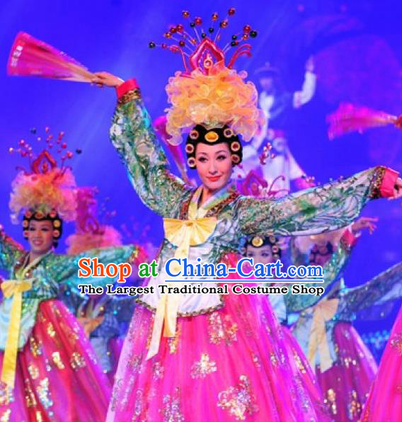 Chinese Oriental Apparel Korean Nationality Dance Rosy Dress Stage Performance Costume and Headpiece for Women