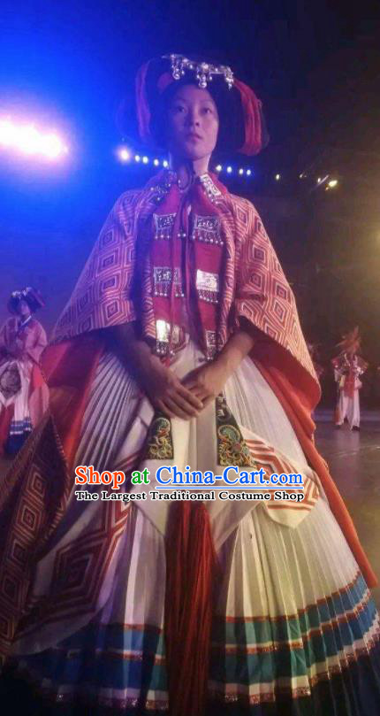 Chinese Xijiang Grand Ceremony Miao Nationality Dance White Dress Stage Performance Costume and Headpiece for Women