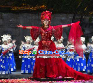 Chinese Border Town Miao Nationality Wedding Dance Red Dress Stage Performance Costume and Headpiece for Women