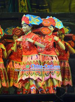 Chinese Border Town Miao Nationality Dance Red Dress Stage Performance Costume and Headpiece for Women