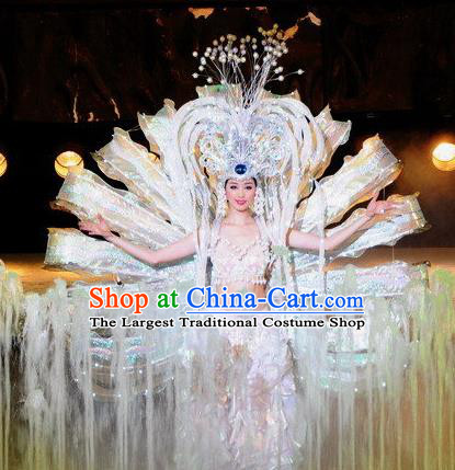 Chinese Dragon Phoenix Dance White Dress Stage Performance Costume and Headpiece for Women