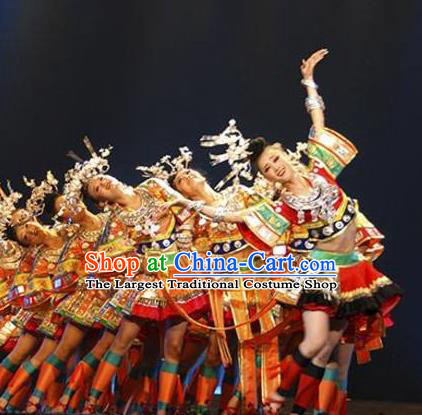 Chinese Wind Of Colorful Guizhou Yi Nationality Ethnic Dance Dress Stage Performance Costume and Headpiece for Women