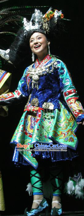 Chinese Wind Of Colorful Guizhou Miao Nationality Ethnic Dance Blue Dress Stage Performance Costume and Headpiece for Women