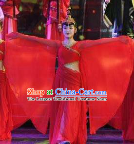 Chinese Han Wind Float In The Sky Classical Dance Red Dress Stage Performance Costume and Headpiece for Women