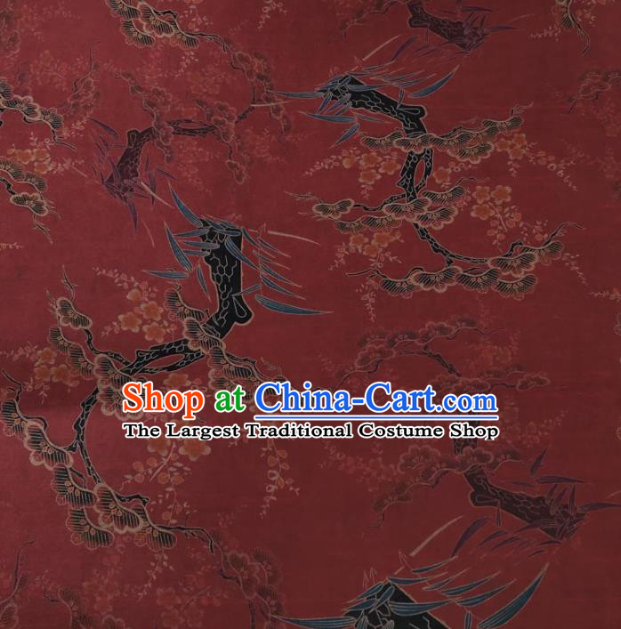 Traditional Chinese Classical Pine Plum Pattern Dark Red Gambiered Guangdong Gauze Silk Fabric Ancient Hanfu Dress Silk Cloth