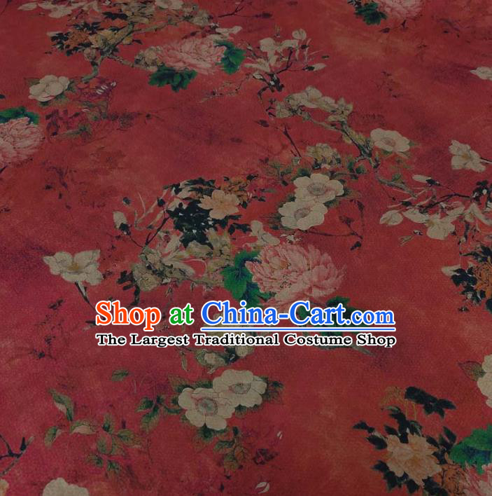 Traditional Chinese Classical Peony Plum Pattern Dark Red Gambiered Guangdong Gauze Silk Fabric Ancient Hanfu Dress Silk Cloth