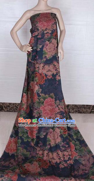 Traditional Chinese Classical Peony Pattern Peacock Blue Gambiered Guangdong Gauze Silk Fabric Ancient Hanfu Dress Silk Cloth