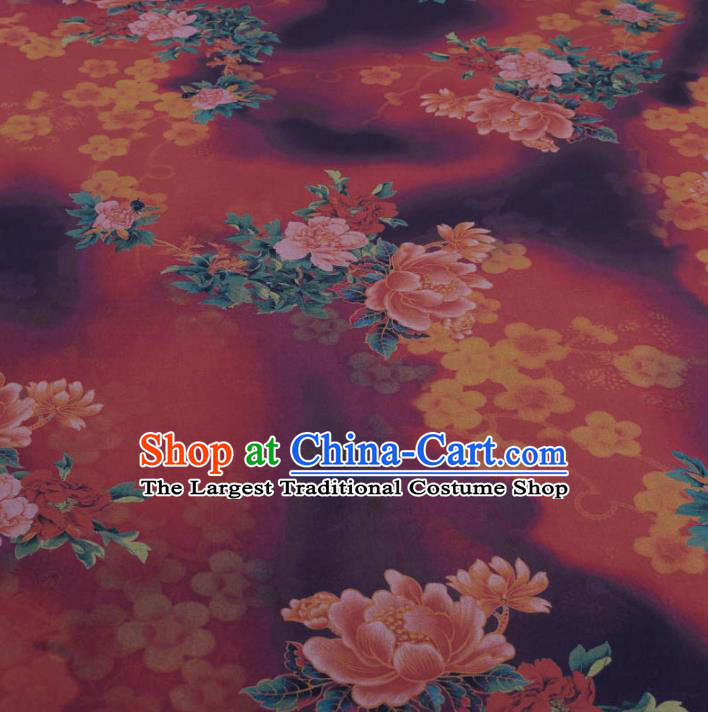 Traditional Chinese Classical Peony Plum Pattern Dark Red Gambiered Guangdong Gauze Silk Fabric Ancient Hanfu Dress Silk Cloth