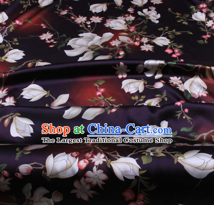 Traditional Chinese Classical Magnolia Pattern Deep Purple Gambiered Guangdong Gauze Silk Fabric Ancient Hanfu Dress Silk Cloth