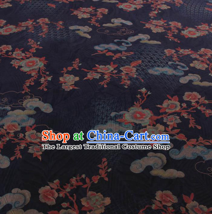 Traditional Chinese Classical Cloud Plum Pattern Navy Gambiered Guangdong Gauze Silk Fabric Ancient Hanfu Dress Silk Cloth