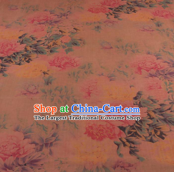 Traditional Chinese Classical Peony Pattern Khaki Gambiered Guangdong Gauze Silk Fabric Ancient Hanfu Dress Silk Cloth