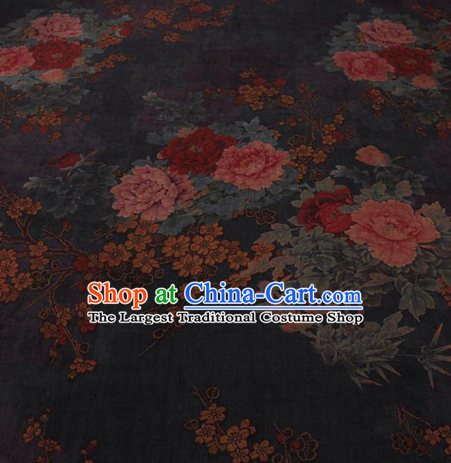 Traditional Chinese Classical Peony Plum Pattern Black Gambiered Guangdong Gauze Silk Fabric Ancient Hanfu Dress Silk Cloth