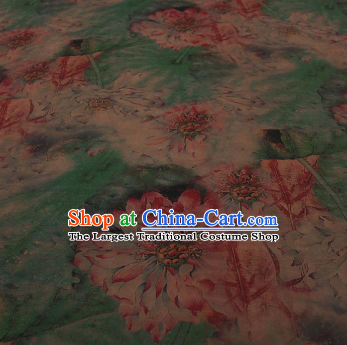 Traditional Chinese Classical Lotus Pattern Green Gambiered Guangdong Gauze Silk Fabric Ancient Hanfu Dress Silk Cloth