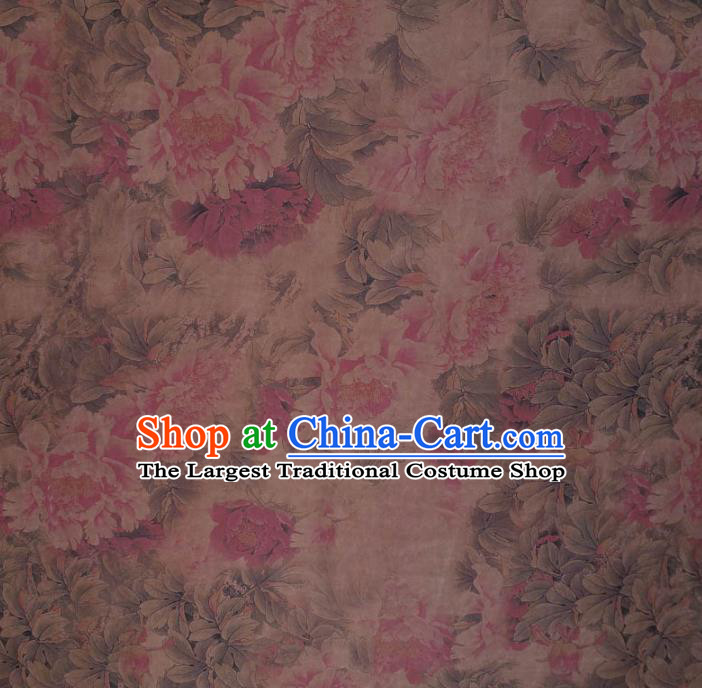 Traditional Chinese Classical Peony Pattern Light Brown Gambiered Guangdong Gauze Silk Fabric Ancient Hanfu Dress Silk Cloth