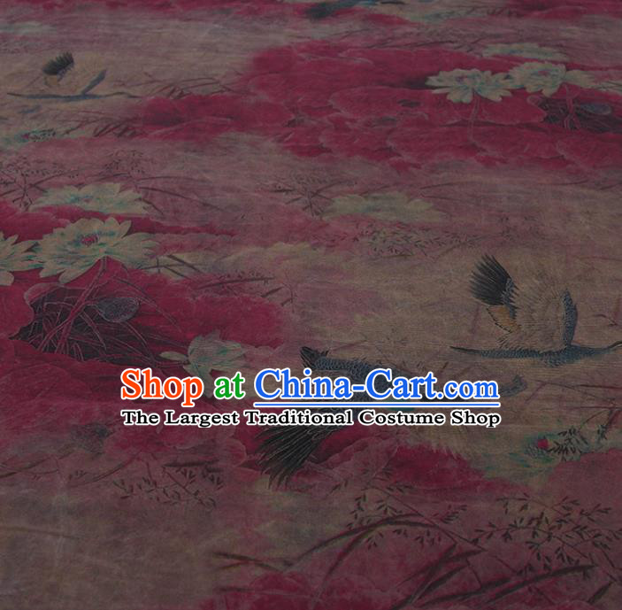 Traditional Chinese Classical Lotus Crane Pattern Wine Red Gambiered Guangdong Gauze Silk Fabric Ancient Hanfu Dress Silk Cloth