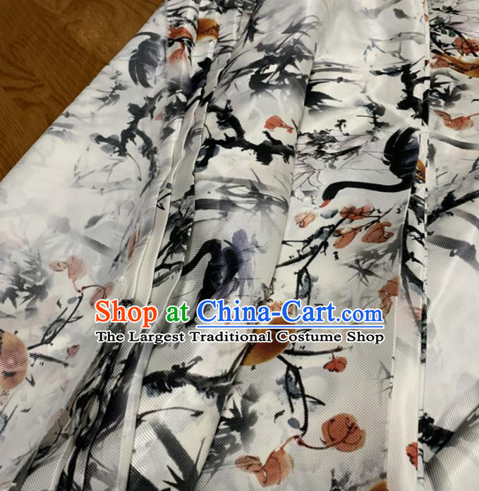 Chinese Classical Ink Painting Swan Pattern White Silk Fabric Traditional Ancient Hanfu Dress Brocade Cloth