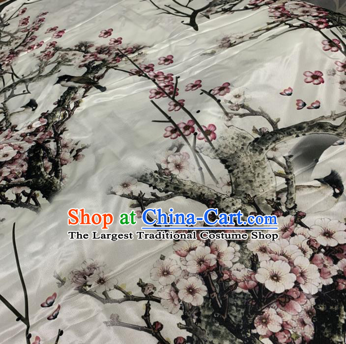 Chinese Classical Ink Painting Plum Pattern White Silk Fabric Traditional Ancient Hanfu Dress Brocade Cloth