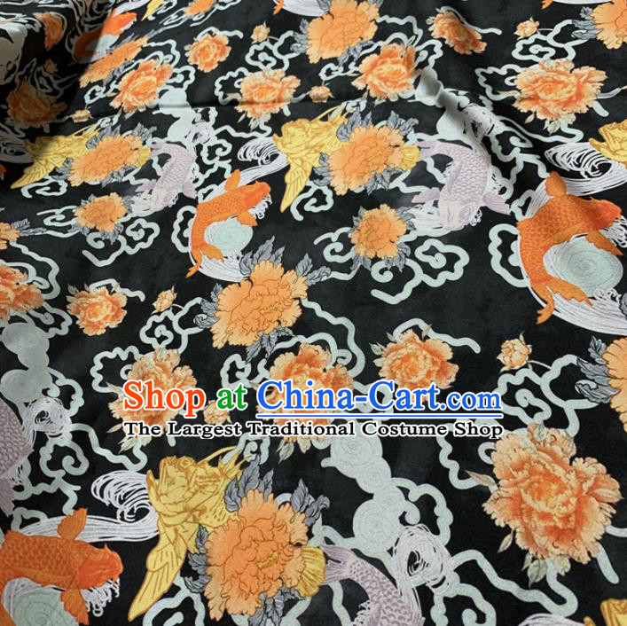 Chinese Classical Carp Peony Pattern Black Silk Fabric Traditional Ancient Hanfu Dress Brocade Cloth