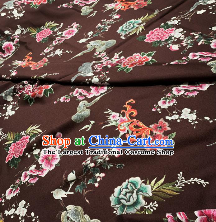 Chinese Classical Peony Pattern Deep Brown Silk Fabric Traditional Ancient Hanfu Dress Brocade Cloth