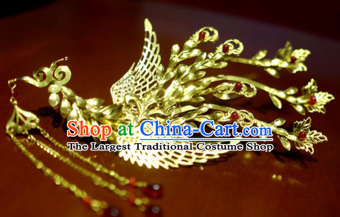 Chinese Traditional Ancient Court Queen Golden Tassel Phoenix Hairpins Classical Hanfu Hair Accessories for Women